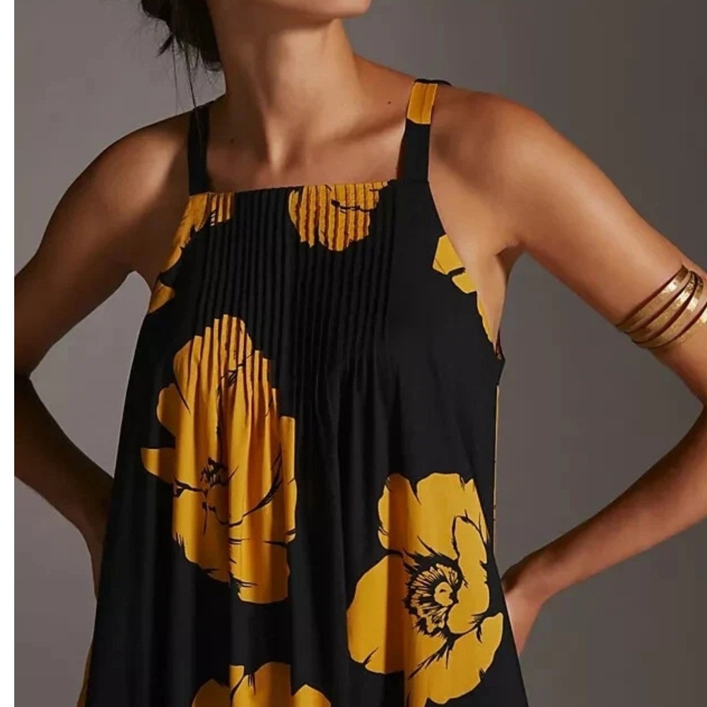 SUNDRY NWOT Black Yellow Floral Print Tiered Square Neck Sleeveless Size 3=12US - Picture 4 of 12